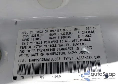 2010 Honda Accord 2.4 Lx-P из США, поврежденный, VIN 1HGCP2F45AA180393